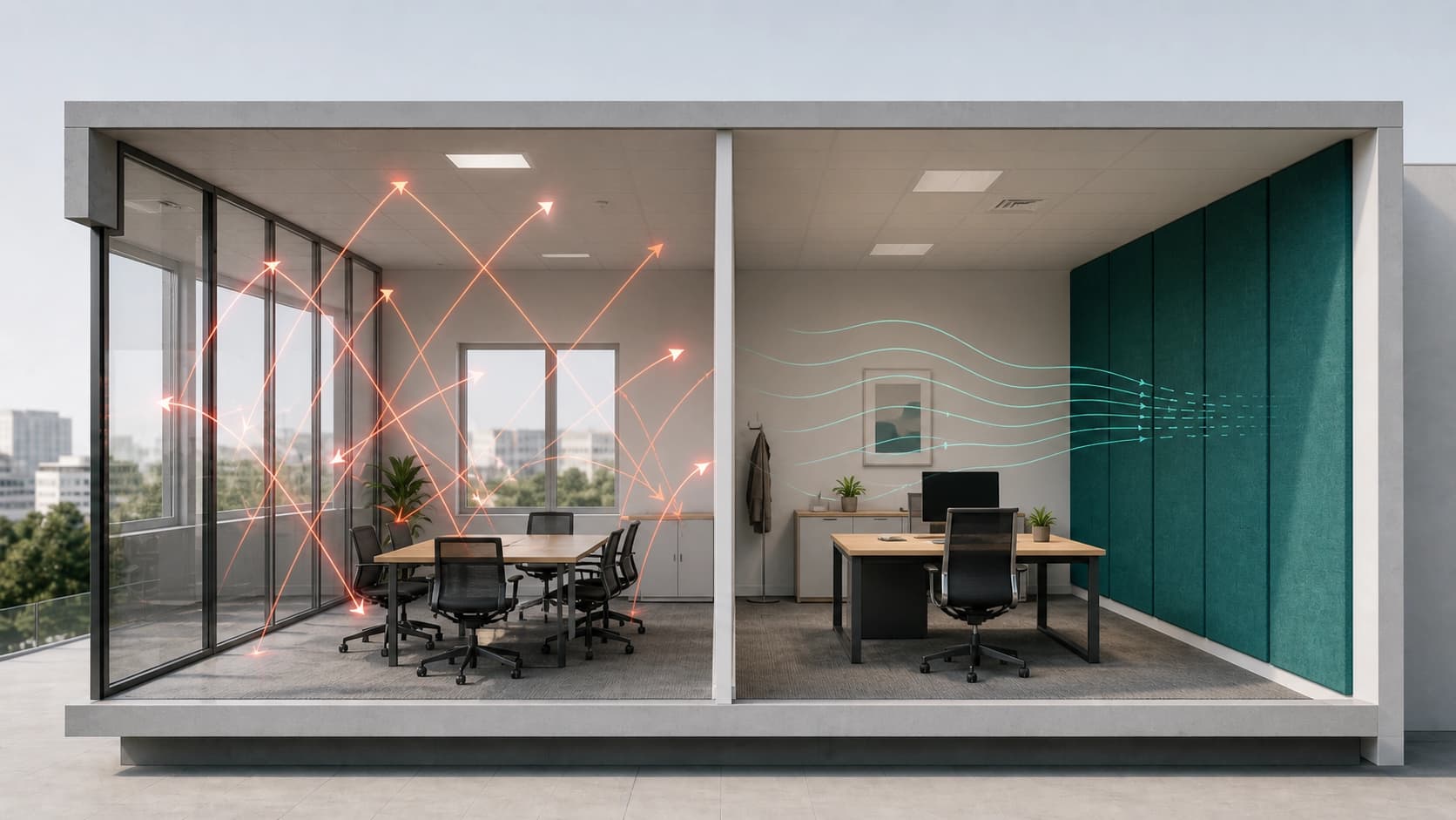 Akoestische visualisatie van geluidsgolven en PETfelt absorptie in een moderne ruimte