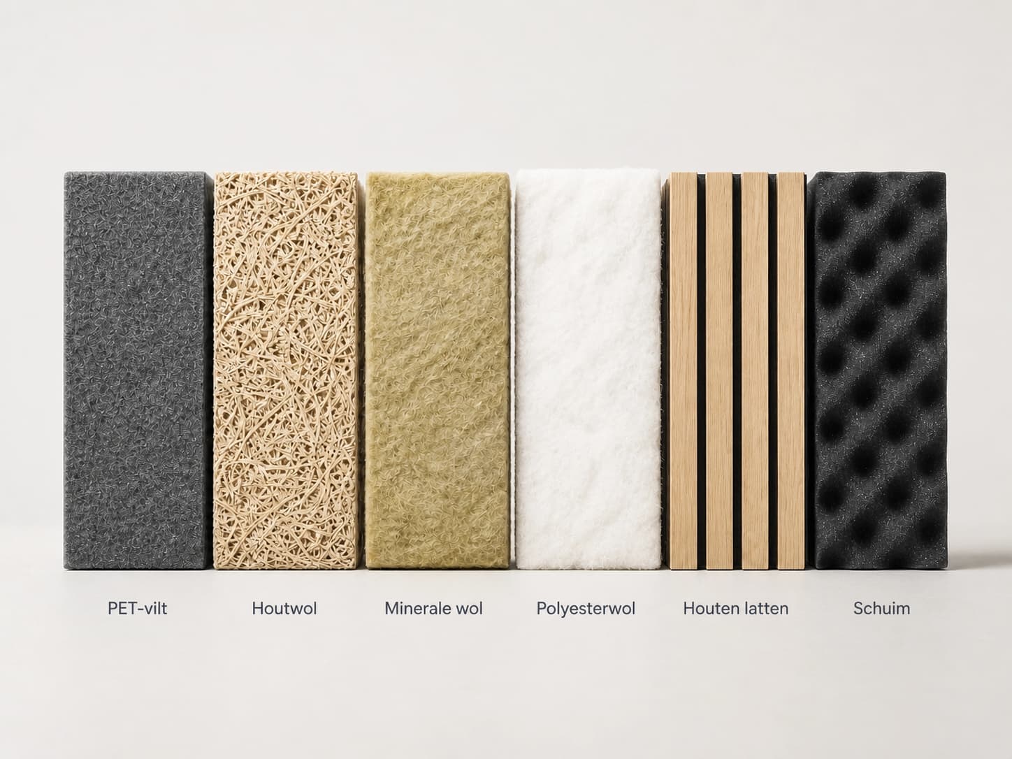 Vergelijking van akoestische materialen zoals PETfelt, houtwol, minerale wol, polyesterwol, houten latten en schuim