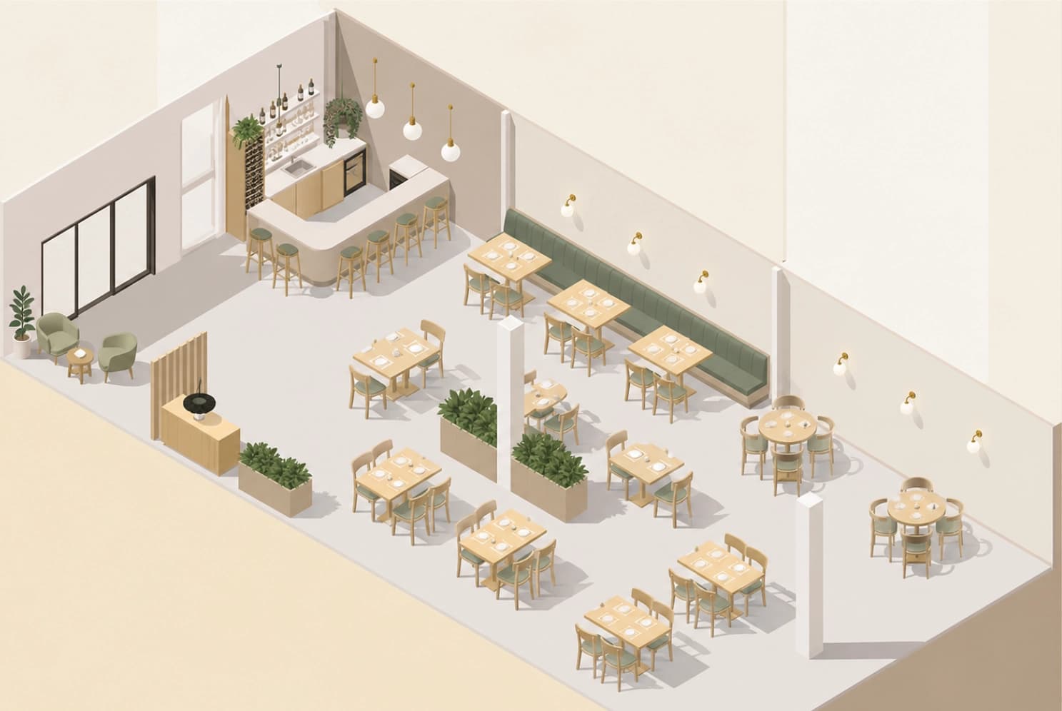Restaurant zonder akoestische behandeling met harde wanden en open plafond