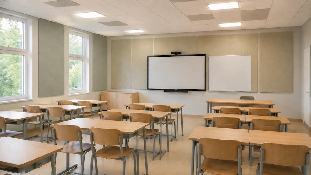 Klaslokaal met PETfelt akoestische wandpanelen