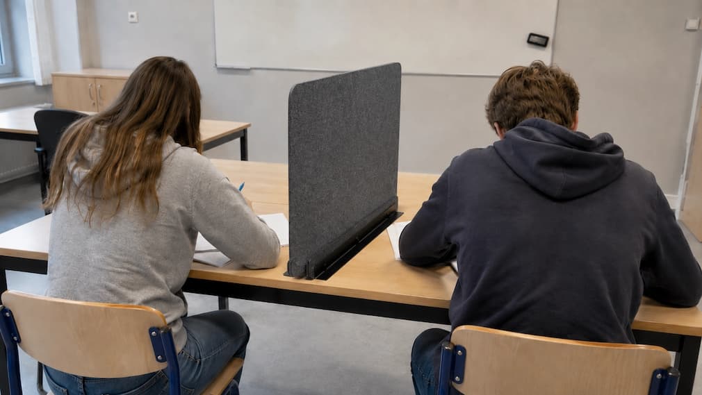 Toetsruimte met PETfelt spiekschermen op schooltafels