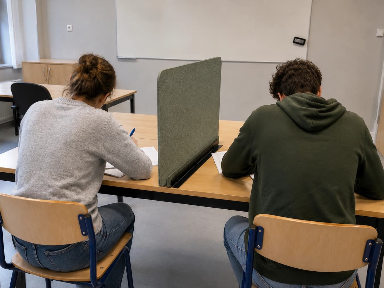 PETfelt spiekschermen op leerlingtafels in toetsopstelling
