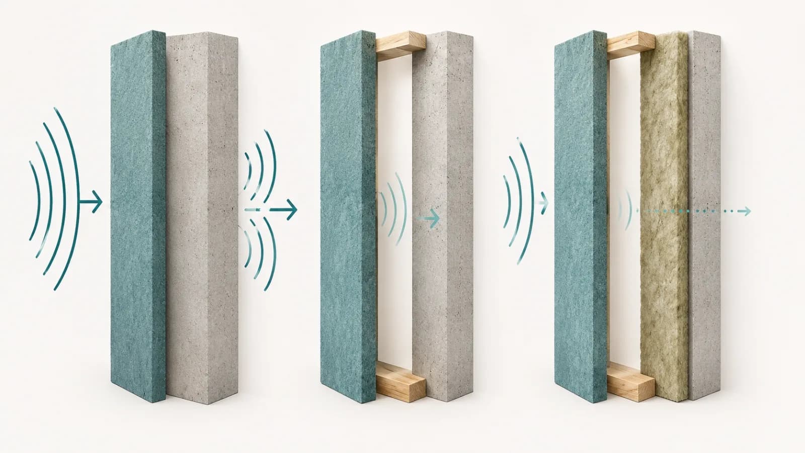 Doorsnede van een akoestische opbouw met wand, luchtspouw, absorberende achterlaag en zichtmateriaal