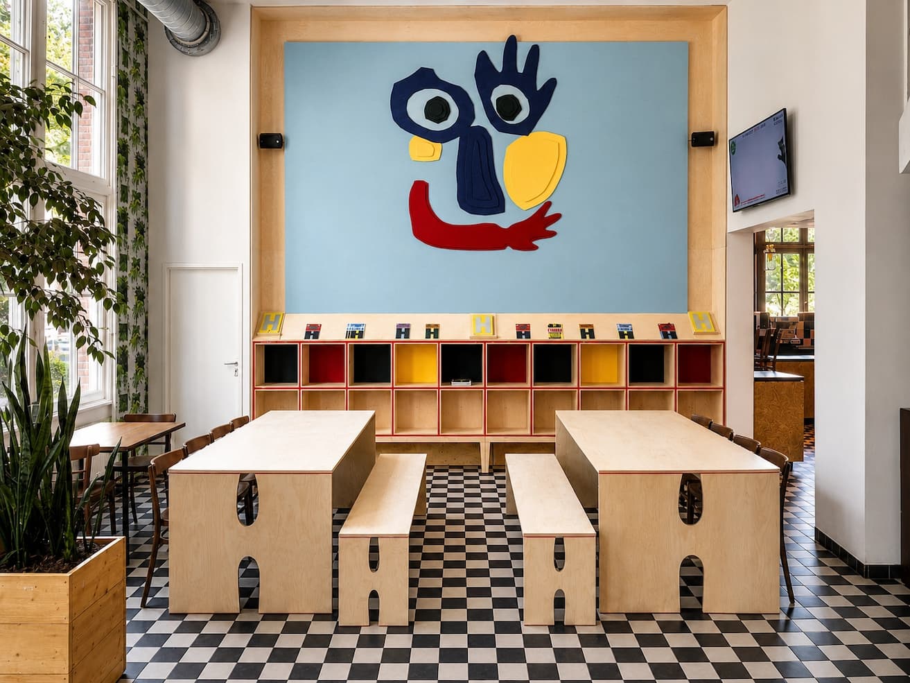 Theaterschool Hofplein aula met PETfelt wandpaneel en tafels