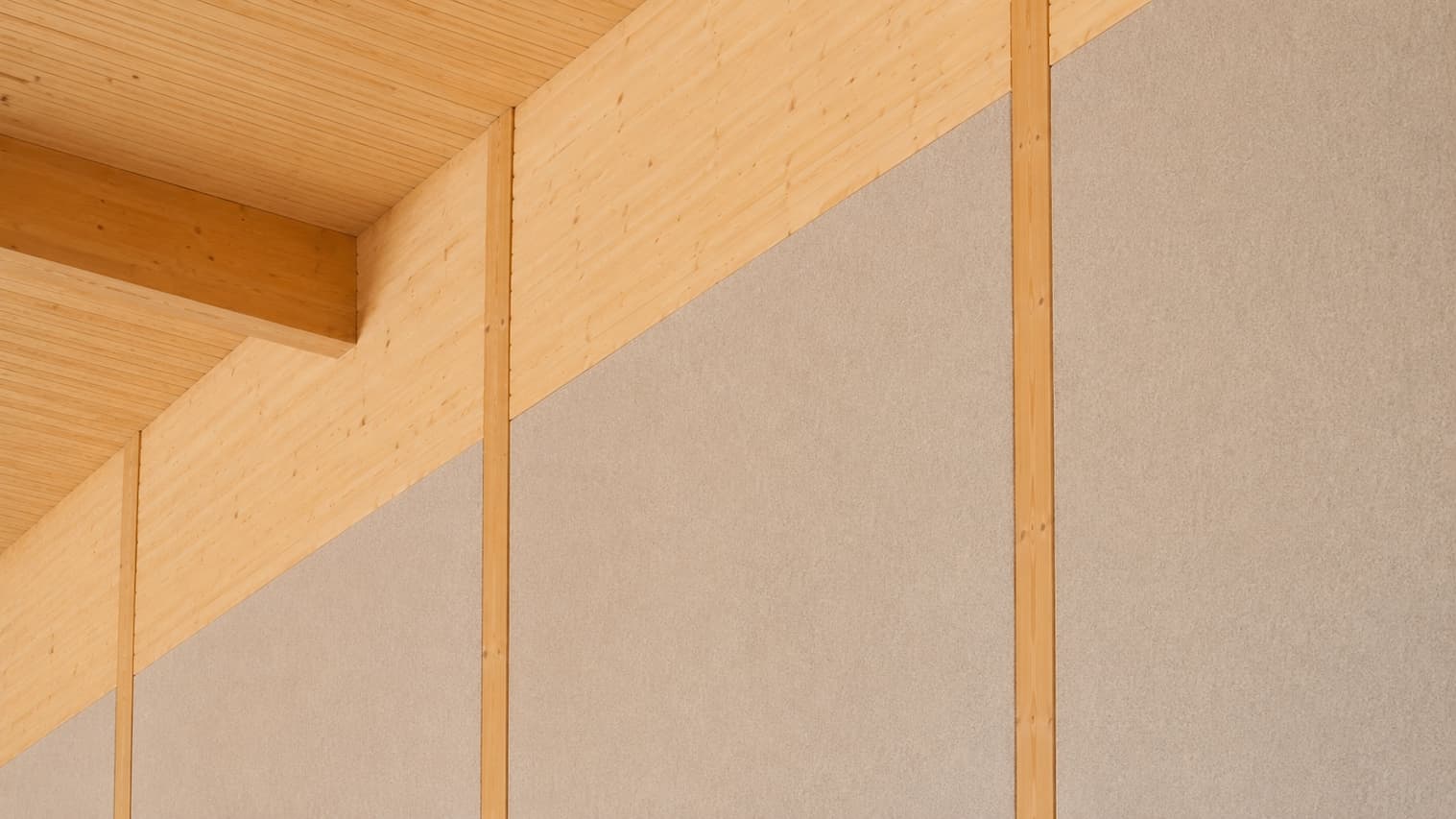 Detail van PETfelt wandbekleding naast natuurlijk hout in sporthal