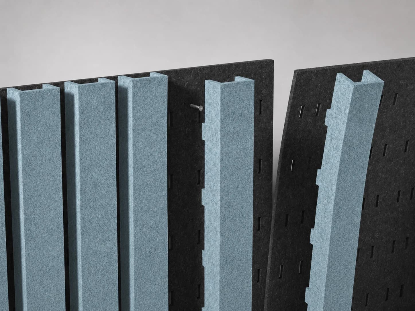 Detail van PETfelt structuurpaneel met reliëf en schaduwwerking