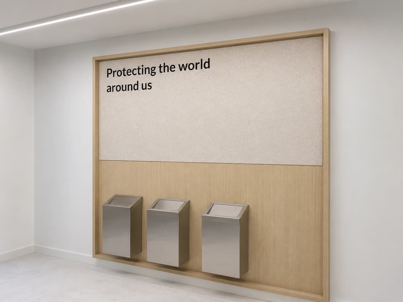 PETfelt wandpaneel met uitgesneden tekst boven afvalbakken in zorginstelling