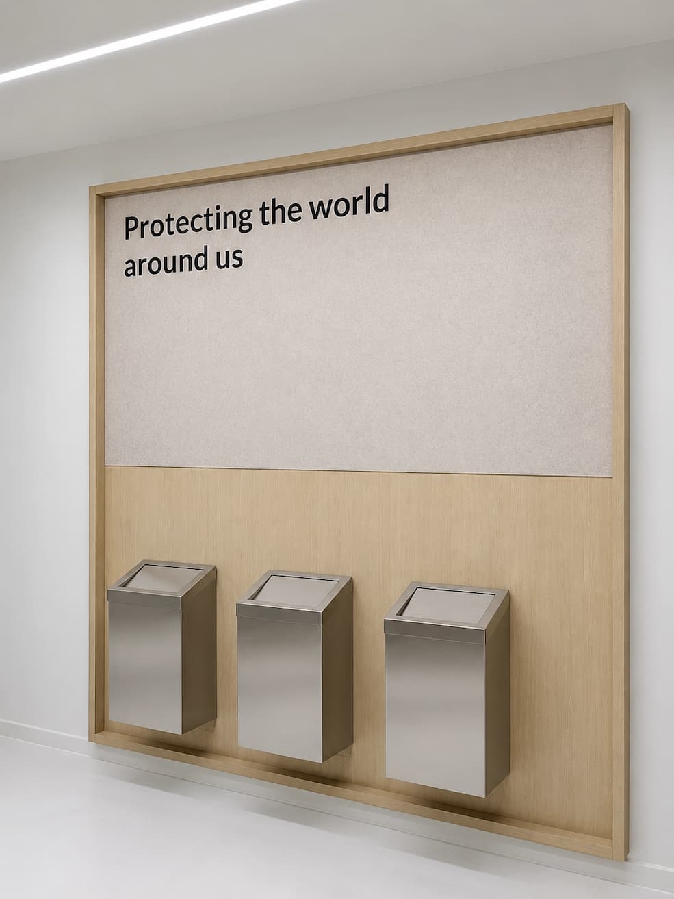 Staand detail van PETfelt paneel met tekst Protecting the world around us