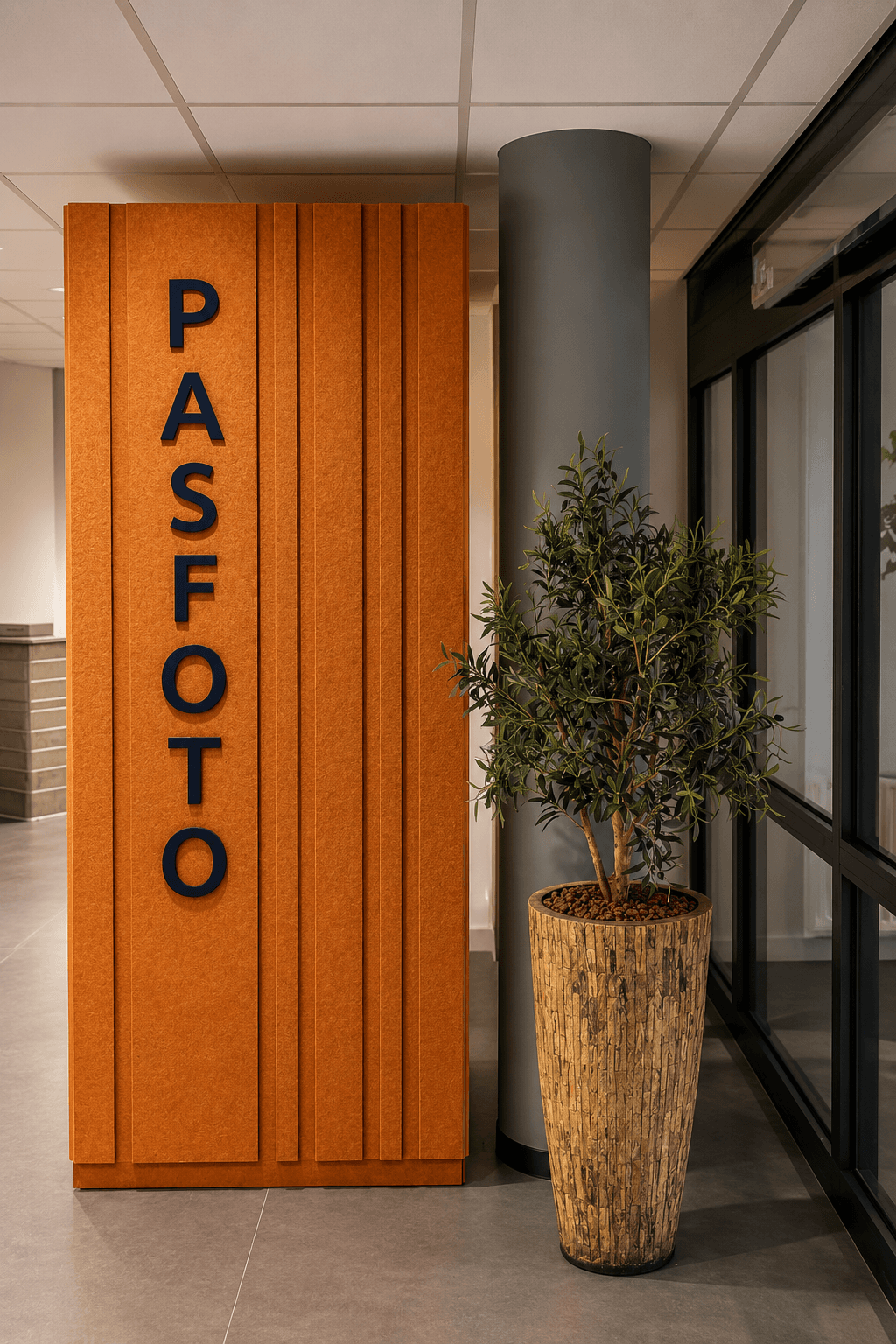 Staand detail van PETfelt maatwerk met uitgesneden letters PASFOTO