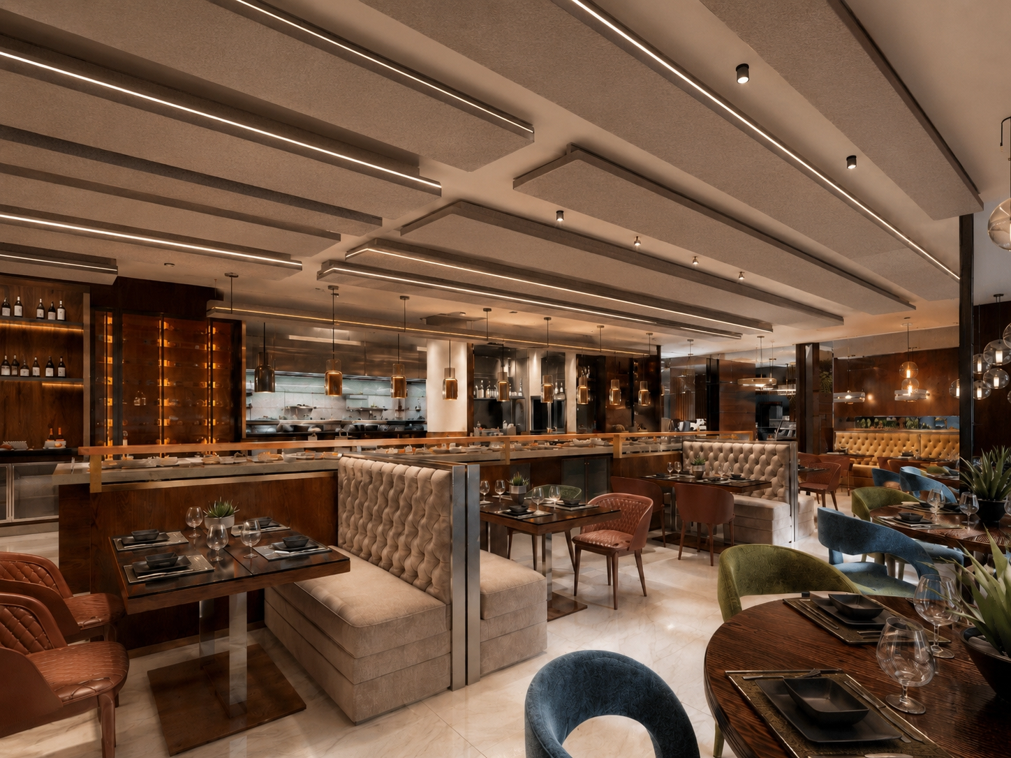 Restaurant met akoestische plafondpanelen en baffles